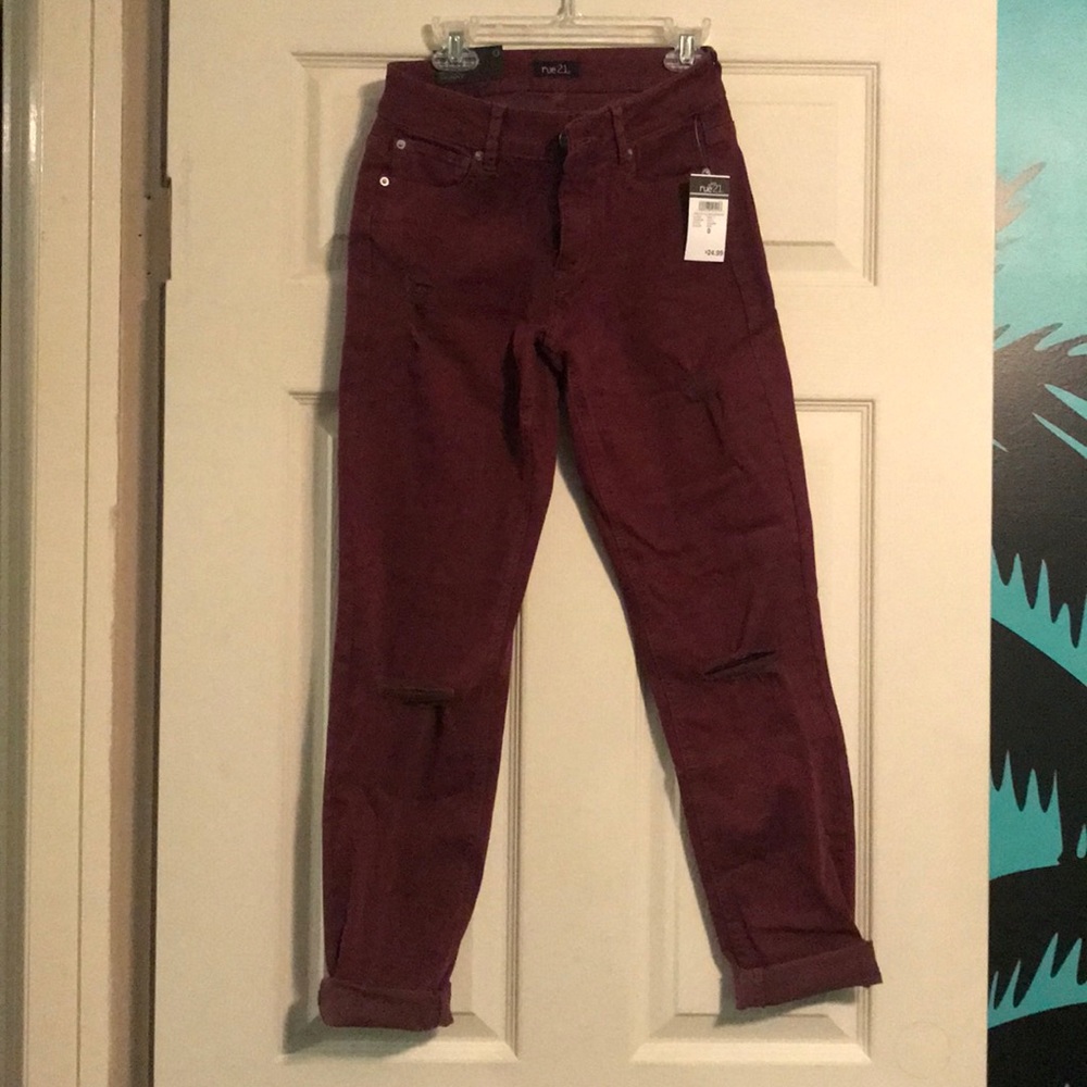 Rue21 Burgundy Mid-Rise, Ripped Skinny Jeans